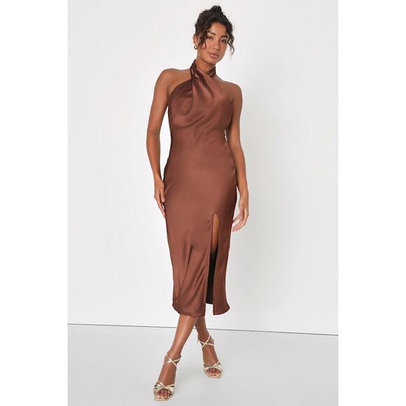Lulus Dresses & Skirts - Lulus Beyond Classy Brown Satin Halter Midi Dress Backless Slit SM NWT